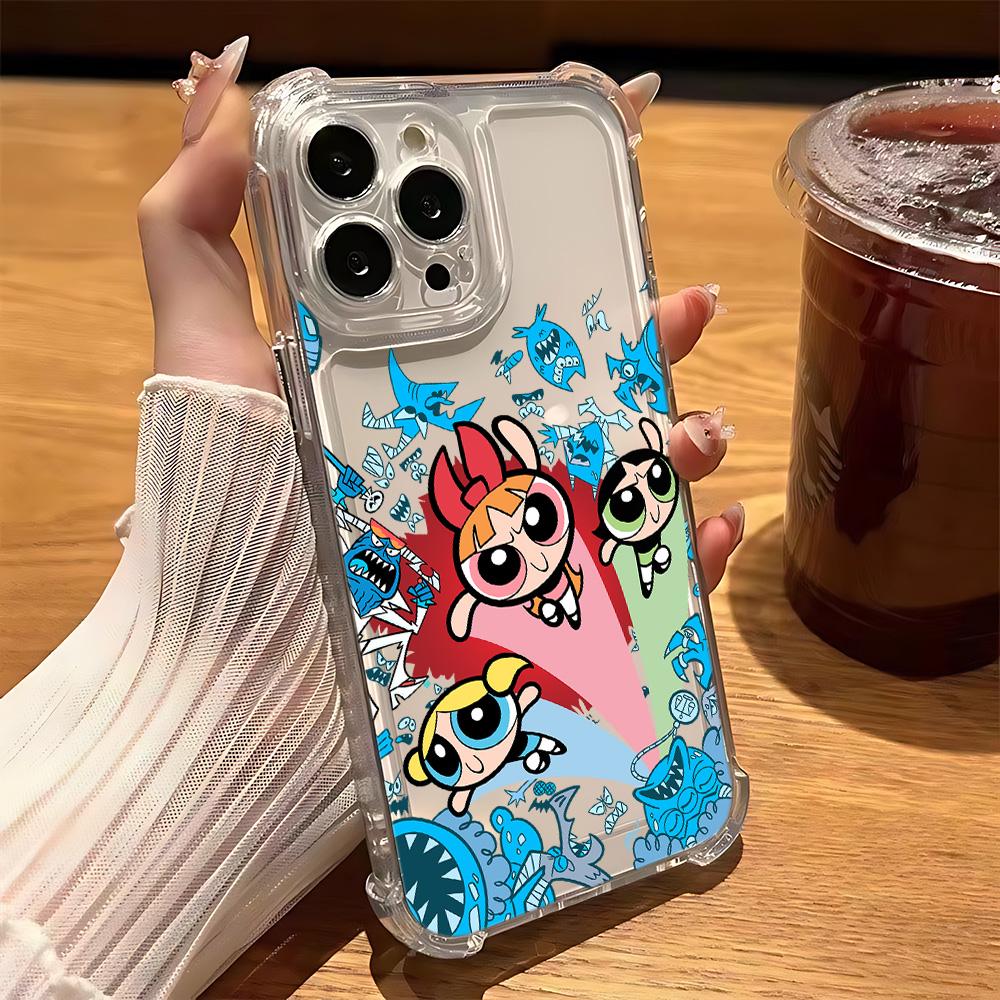 Cute P-Powerpuffs Girls Phone Case for IPhone 16 15 14 13 12 11 Mini Pro Max X XR XSMax 7 8 Plus Shockproof Transparent Cover