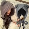 Bear Ear Beanie Winter Women Warm Windproof Knitted Wool Cap with Lacing Earmuffs Full Ear Protection Soft Fleece Lined Beanies