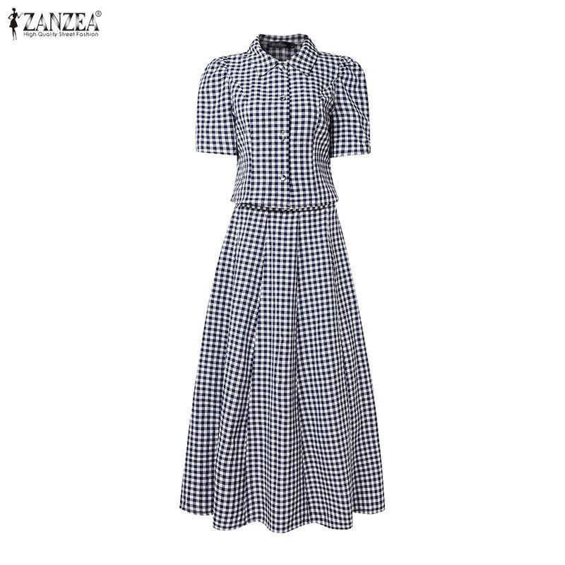 ZANZEA Women Short Sleeve Blouse and Long Skirts Plaid Print Two Piece Suit Sets