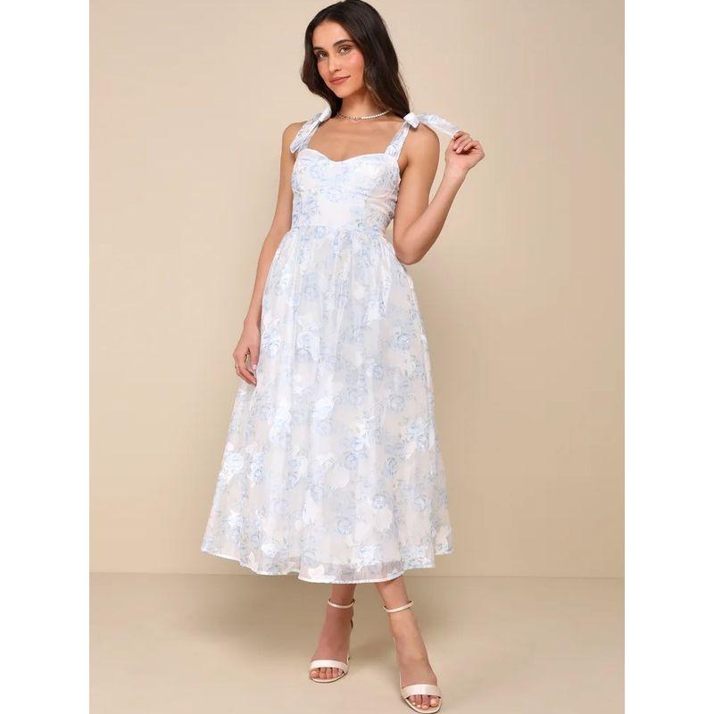 Foreign Trade Order Lu Girl Style Blue and White Tihua Mesh Bandage Bow Design Dress Vacation Long dress