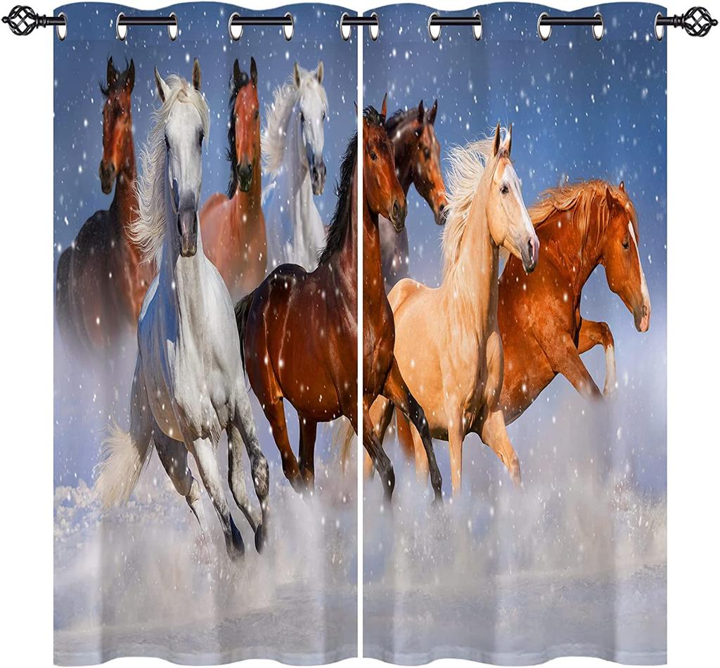 3D Print Pattern of Painting Art Horses Running On Forest River Creek Curtains 3D Print Window Curtains For Bedroom Living Room