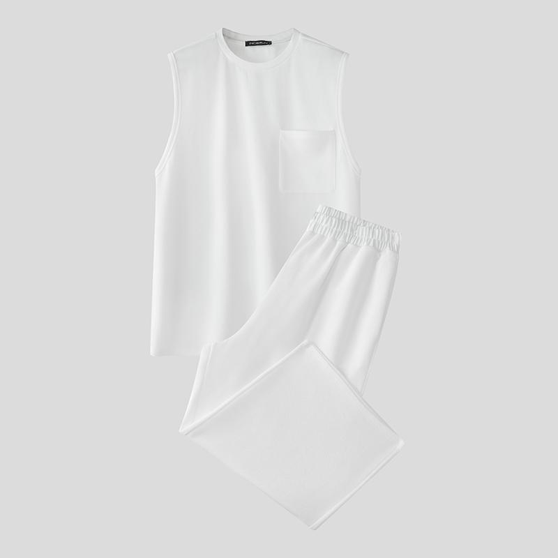 

INCERUN Мужские комплекты из двух предметов: майки без рукавов оверсайз и длинные брюки с карманами S белый