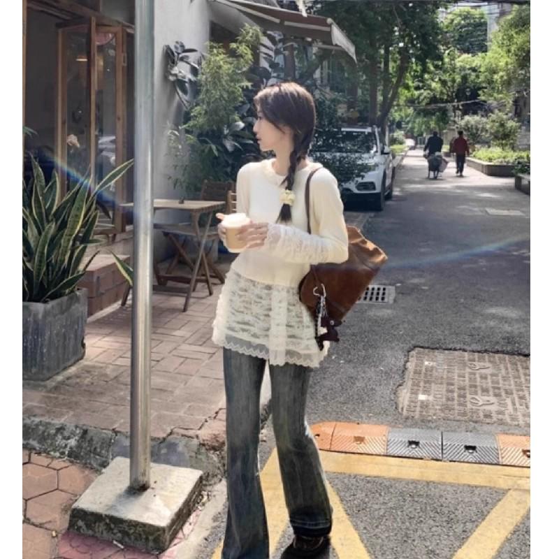 Women's Long-Sleeve Lace T-Shirt: Spring/Autumn Hot Girl Style, Fashionable, Relaxed, and Niche Design