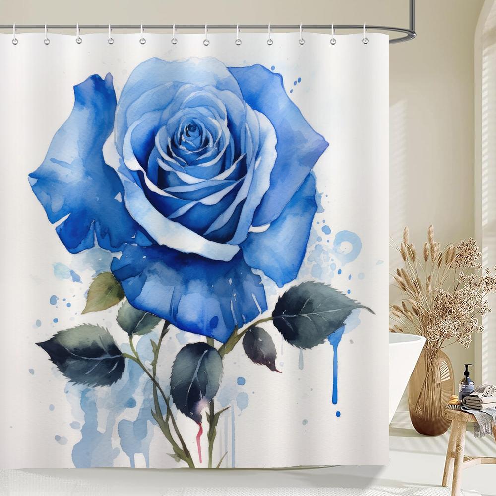 Home Shower Curtains For Bathroom Waterproof Fabric Watercolor Blue Rose Flower Bathroom Curtains With Hooks Decorative Curtain