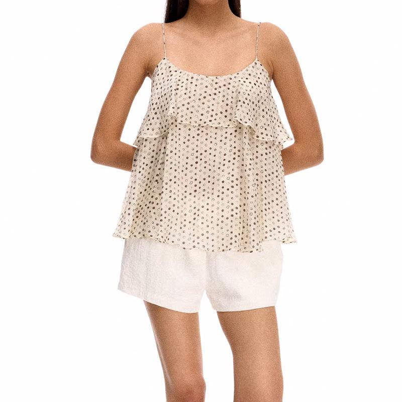 Apricot Polka Dot Tencel Layered Vest with Streamers for Women