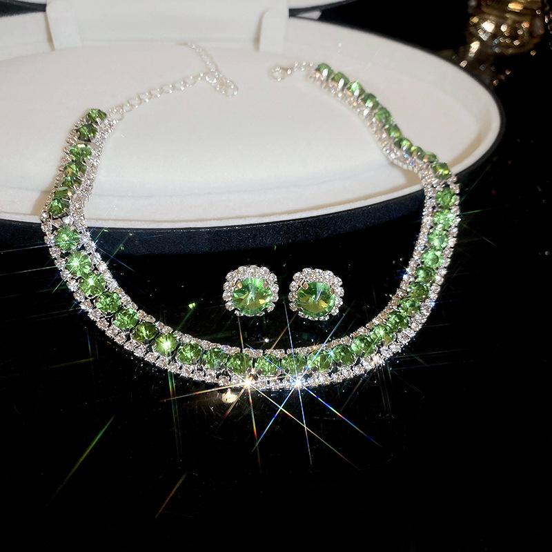 Luxury Necklace Earrings Sets Green Crystal Necklace Women Weddings Bride Jewelry Accessories