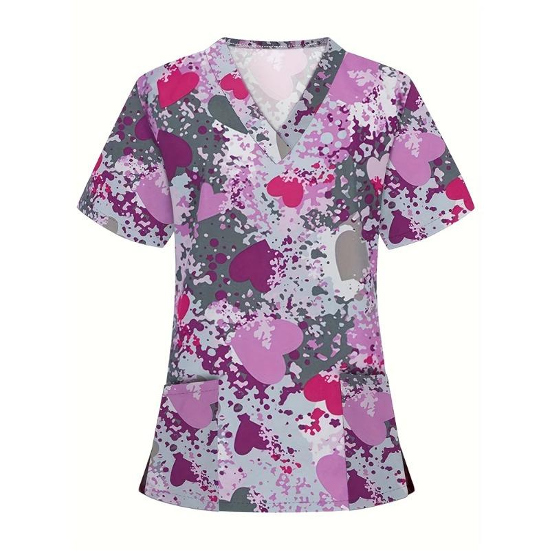 Uniformes Chirurgicaux Femme Imprimé Motifs Colorés Uniformes Chirurgicaux Col en V Manches Courtes Poche Plaquée T-shirt Médical de Bloc pour Femme