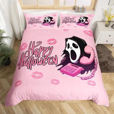 Halloween Bedding Set 3-piece Pink Cartoon Skeleton Duvet Set Funny Horror Ghost