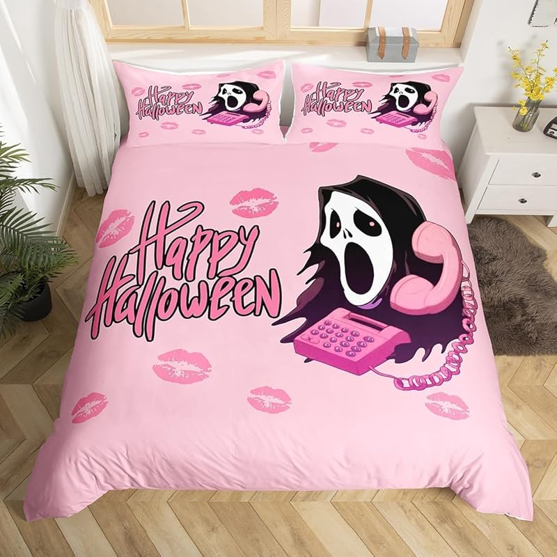

Halloween Bedding Set 3-piece Pink Cartoon Skeleton Duvet Set Funny Horror Ghost EU single(135x200cm)