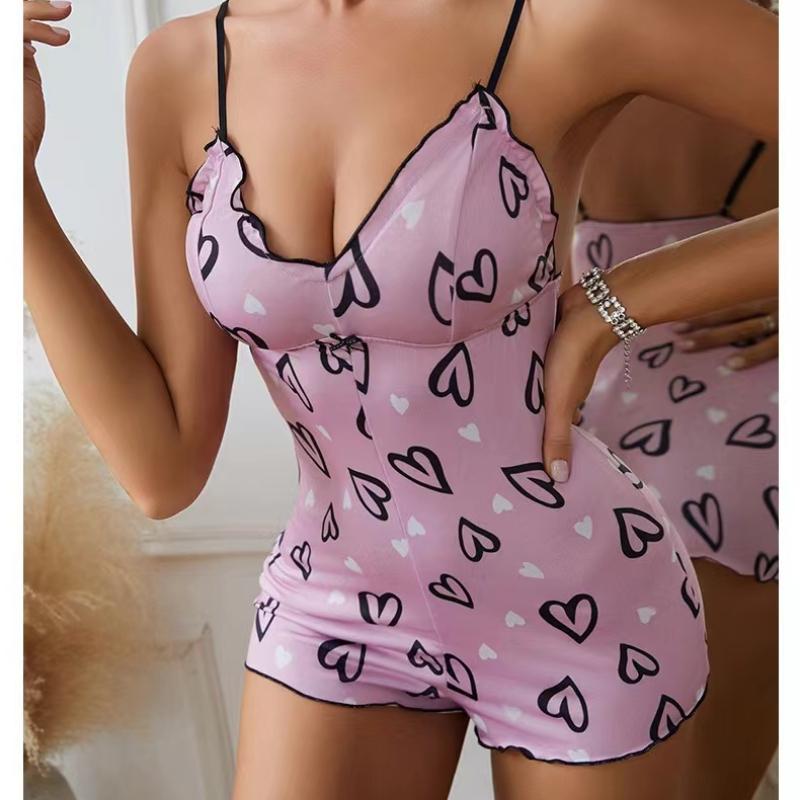 Women's Pajamas One Piece Pajamas Red Lip Printed Sleeveless Pijama Short Onesie Adults V-Neck Suspenders Funny Pajamas Bodysuit