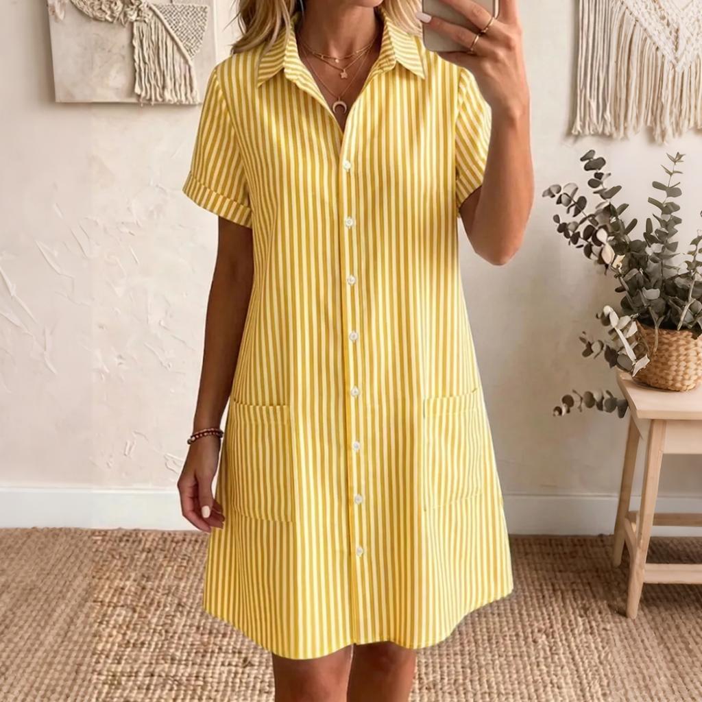 Women's Loose Fit Plus Size Striped Short Sleeve Shirt Dress Casual Mid Length Button Down Dress with Pockets Summer Style