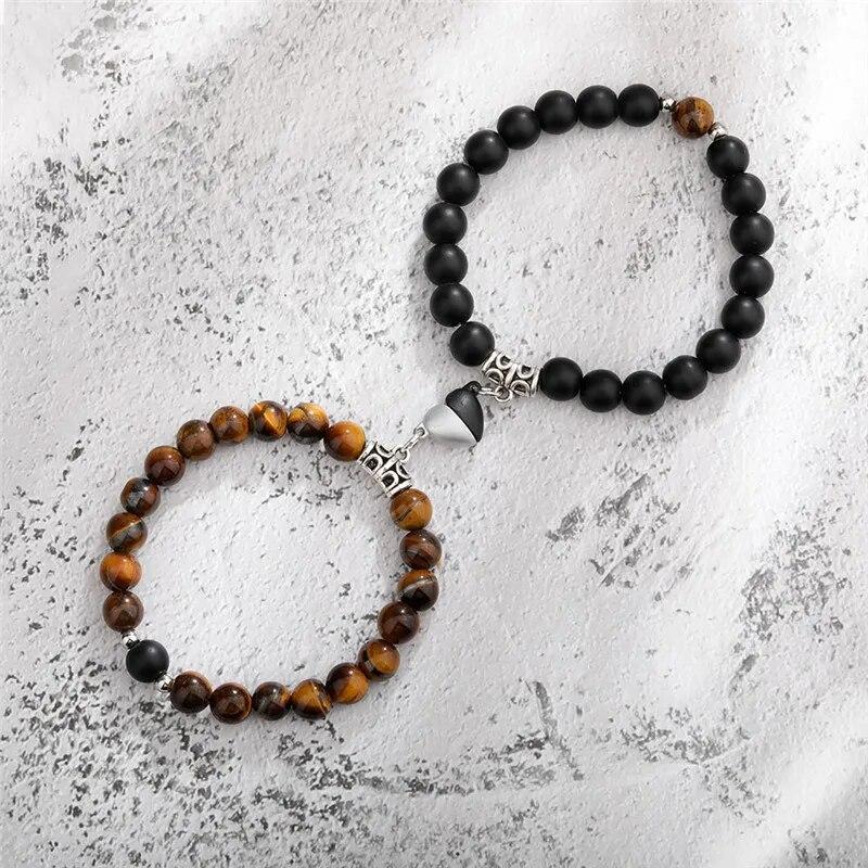 Trendy Couple 2Pcs/Set Natural Stone Beads Love Heart Magnetic Bracelet For Women Men Charm Peach Beaded Bracelets Jewelry Gifts