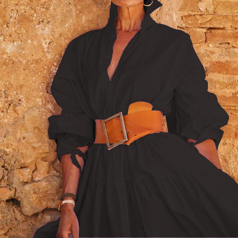 FD1072 Women s Autumn Fashion Mid-Length Lapel Long Sleeve Dress - New Arrival 2025 S чёрный