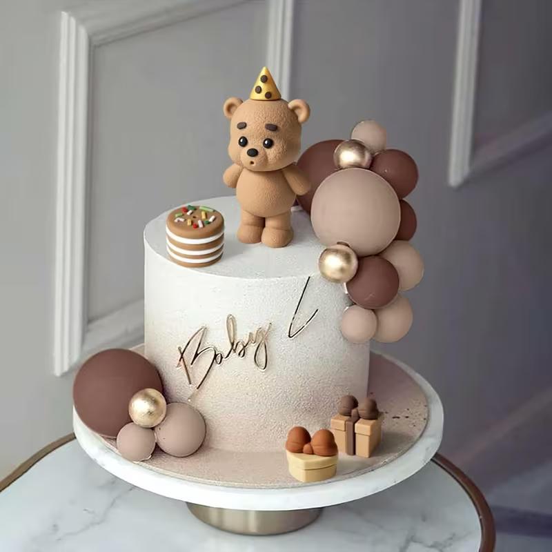 19Pcs/set Bear Balls Cake Toppers Teddy Theme Kids Happy Birthday Party Cake Dessert DIY Decoration Baby Shower Decor Supplies