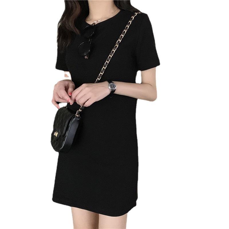 Korejský styl Jednobarevné Slim Fit Studentské tričkové šaty - 2025 Léto Ležérní Středně dlouhé Krátký rukáv
