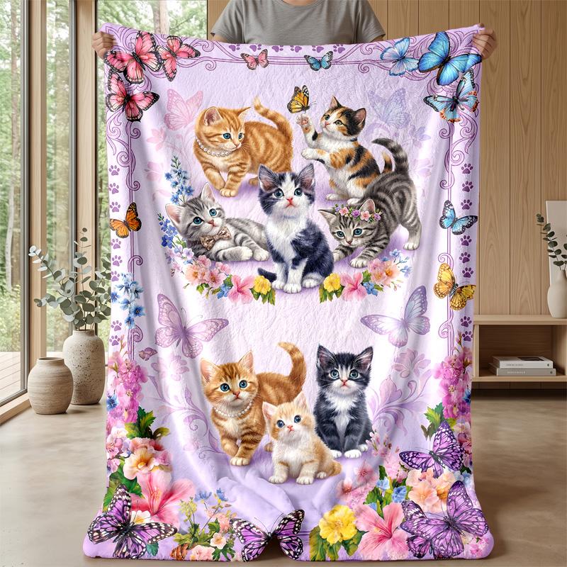 Kittens and Butterflies Theme blanket Lightweight Warm Flannel Blanket Decorative Throw Blanket for Home Decoration