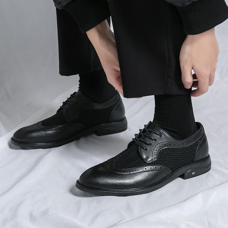 

Весенняя мужская обувь большого размера, перфорированная кожаная обувь, мужская повседневная обувь на толстой подошве, дышащая сетчатая кожаная обувь, модная обувь с низким верхом 38 чёрный