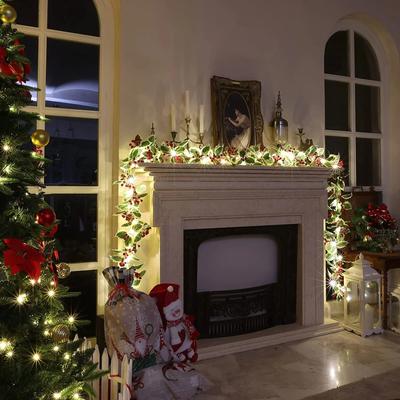 1.8m Pre-Lit Red Berries & Holly Leaves Garlands,Battery Operated With Timer, Indoor Outdoor Xmas Fireplace Gate Home Winter New Year Decor