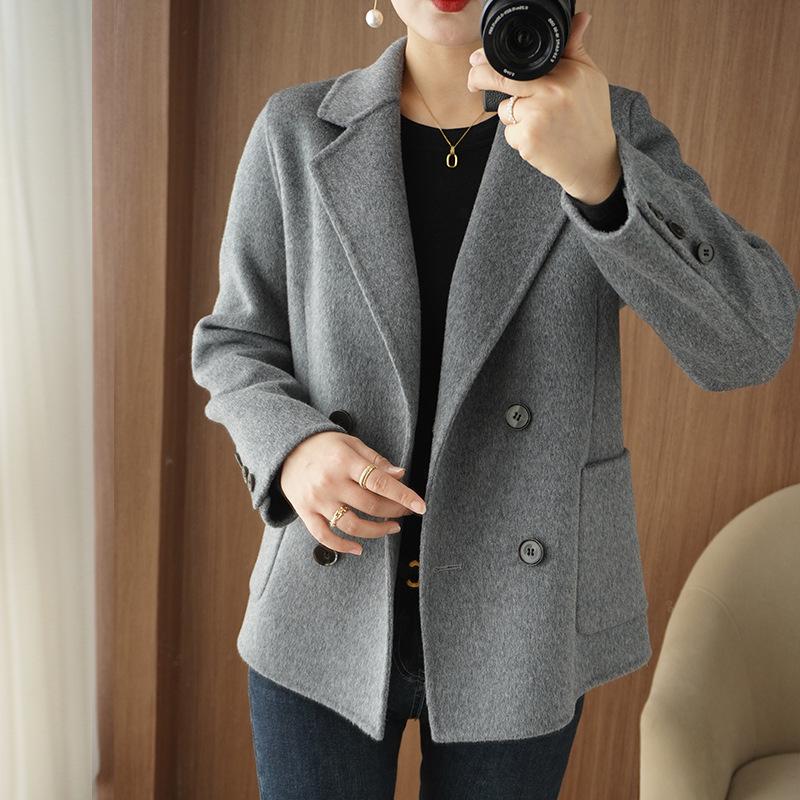 Women's Petite Double-Breasted Wool Cashmere Coat - Autumn/Winter Suit Collar Overcoat