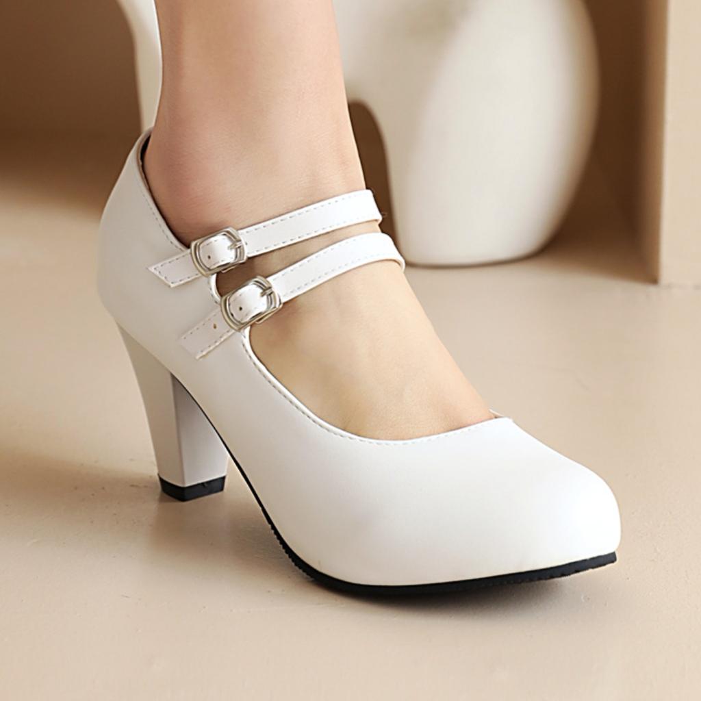 Zarif Kadın Beyaz Yüksek Topuklu Mary Janes Ayakkabılar Moda Siyah Topuklu Parti Düğün Ofis Ayakkabıları Kadın Elbise Pompaları Büyük Numara 45