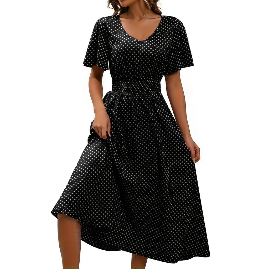 Women's V-Neck Waist-Defining Polka Dot Short-Sleeve Casual Dress