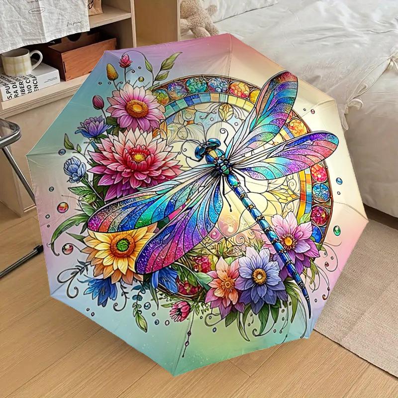 1PC Dragonfly FlowersAutomatic Open/Close Umbrella with Windproof, 8-Rib Sturdy Canopy, Durable Ribs, Fashionable Design, Outdoor Accessory, Fun Prin,