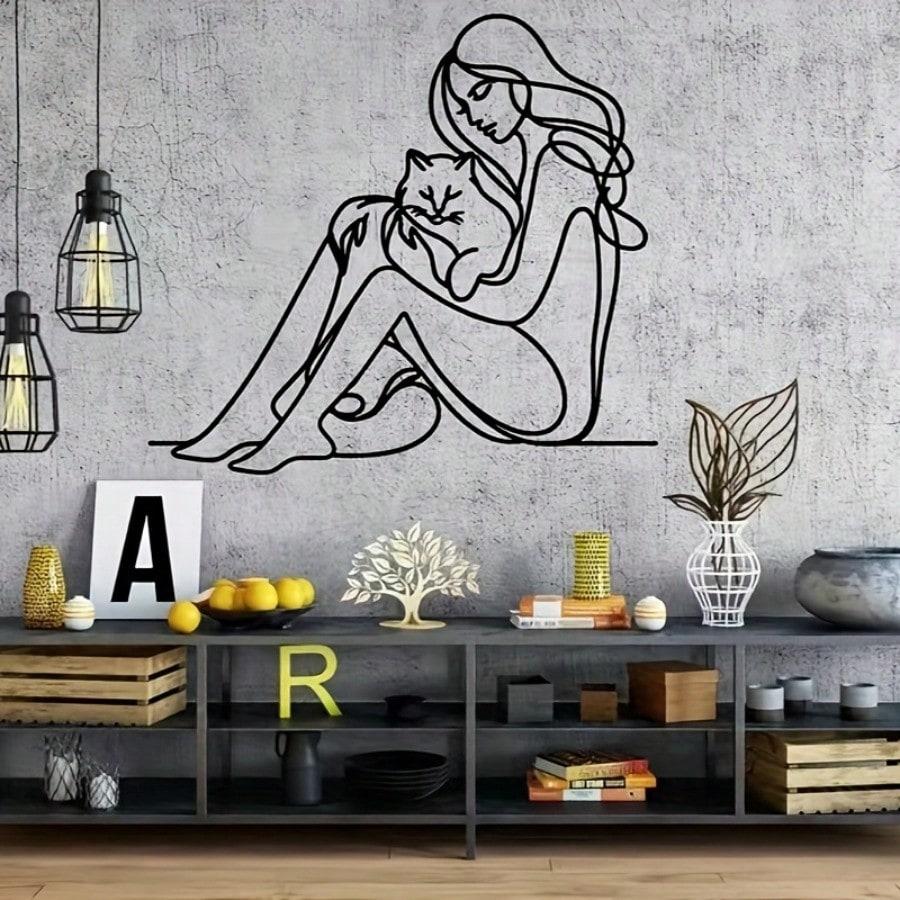 Metal Wall Art Lady with Cat Simple Line Design Living Room Decor Indoor Gift Wedding Holiday Home