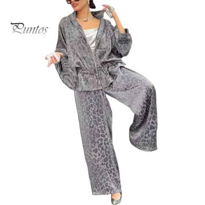 Pcs/Set Women Shirt Pants Set Leopard Printing Zip-up Long Sleeve Pleated Top Loose Wide Leg Trousers Commuting Workwear Ouit