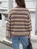 Women's Color Block Horizontal Stripe Knitwear - Casual Loose Batwing Mid-Sleeve Short Pullover Sweater