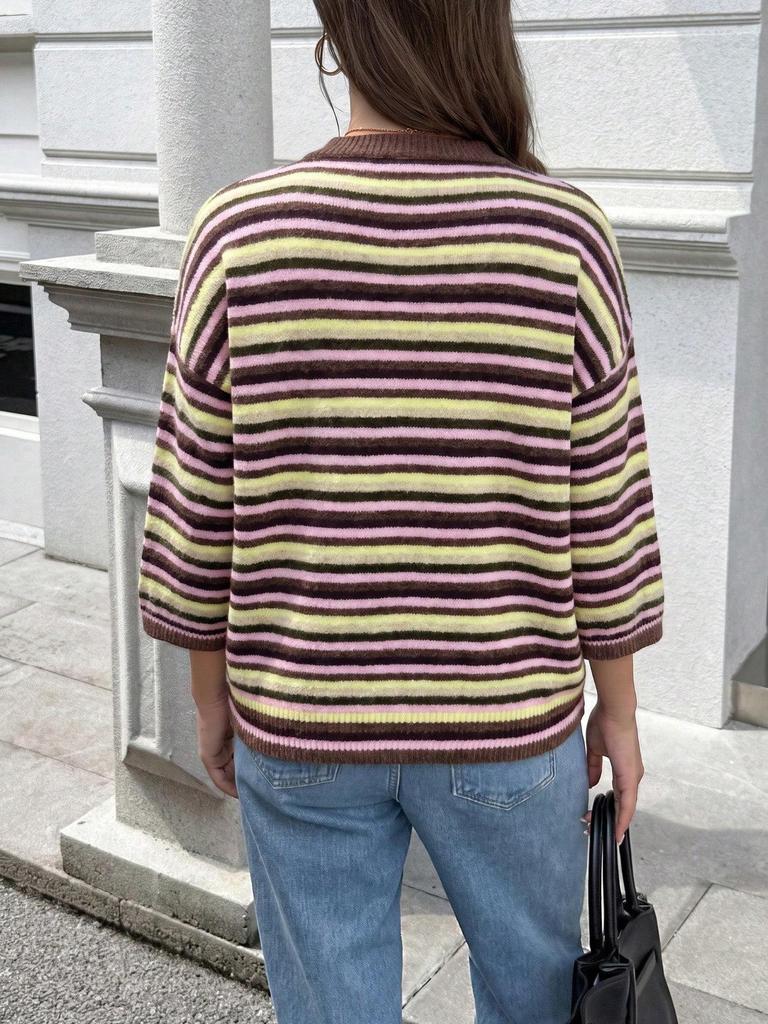 Women's Color Block Horizontal Stripe Knitwear - Casual Loose Batwing Mid-Sleeve Short Pullover Sweater