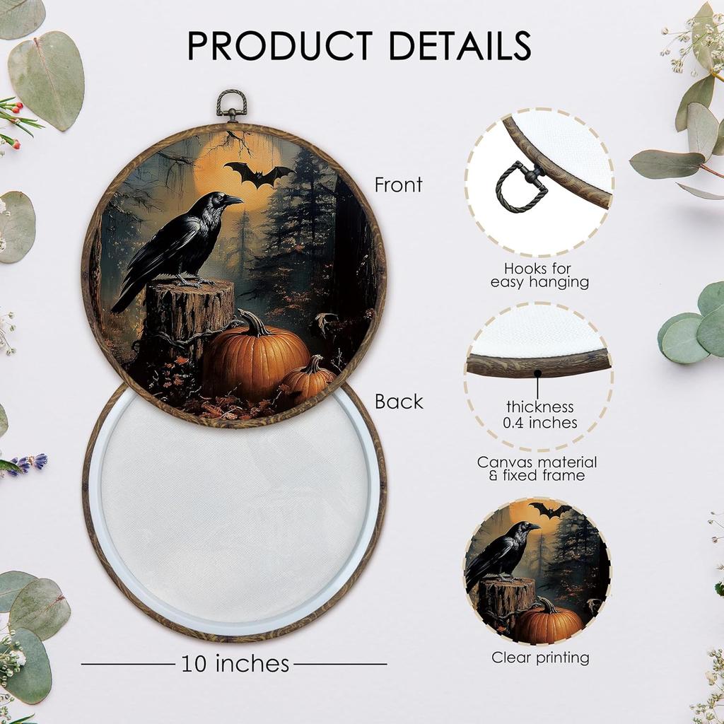 KFXHANGD Halloween Fall Raven Round Wall Art Framed, Gothic Crow Pumpkin Canvas Wall Art Decor, Halloween Fall Hanging Decor for Kitchen Bedroom