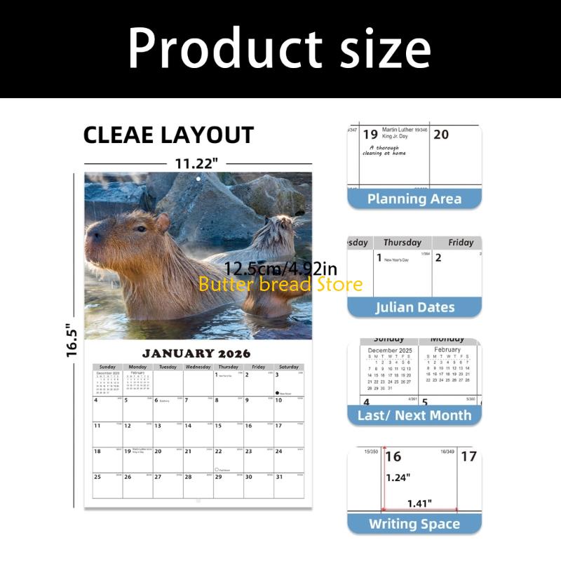 W89C 2026 Animal Wall Calendar Wall Mounted Monthly Calendar with Holiday Markings