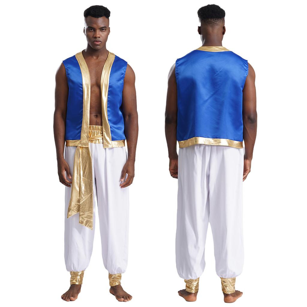 Halloween Arabian Prince Costume for Men M-3XL, 2Pc Metallic Shiny Vest with Open Front & Long Pants, Cosplay Theme Party