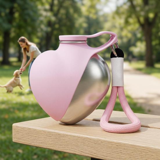 2-in-1 Dog Water Bottle, Portable Pet Water Bottle with Bowl, 10oz Stainless Steel Heart Dog Water Ball, Dog Water Dispenser for Small Dogs Puppies