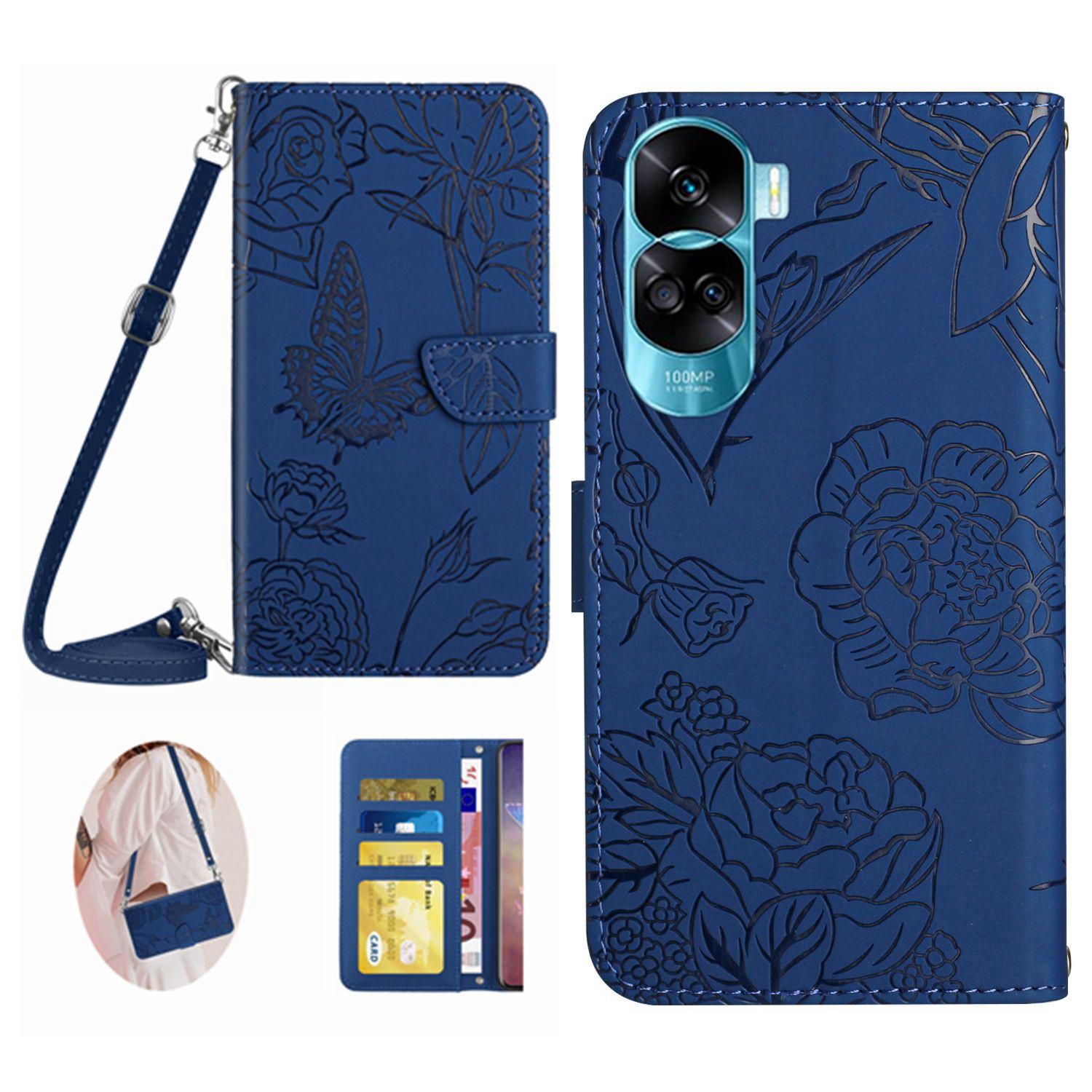 

HT03 For Honor 90 Lite 5G/X50i 5G Wallet Phone Case Imprinted PU Leather Stand Cover with Shoulder Strap Blue
