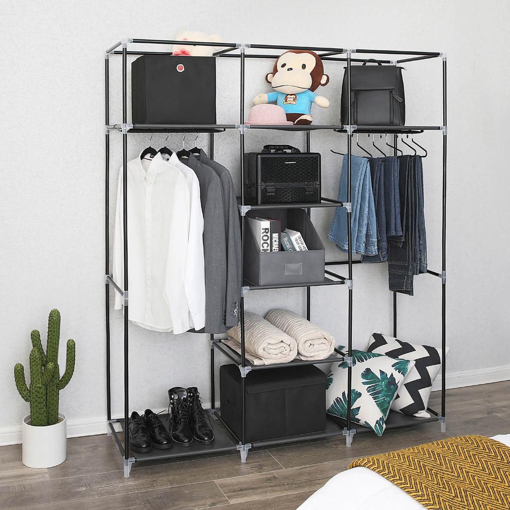 SONGMICS RYG12B Folding Wardrobe, Fabric Cabinet, Foldable Coat Rack with 2 Clothes Rails, 175 x 150 x 45 cm, Black, Canvas