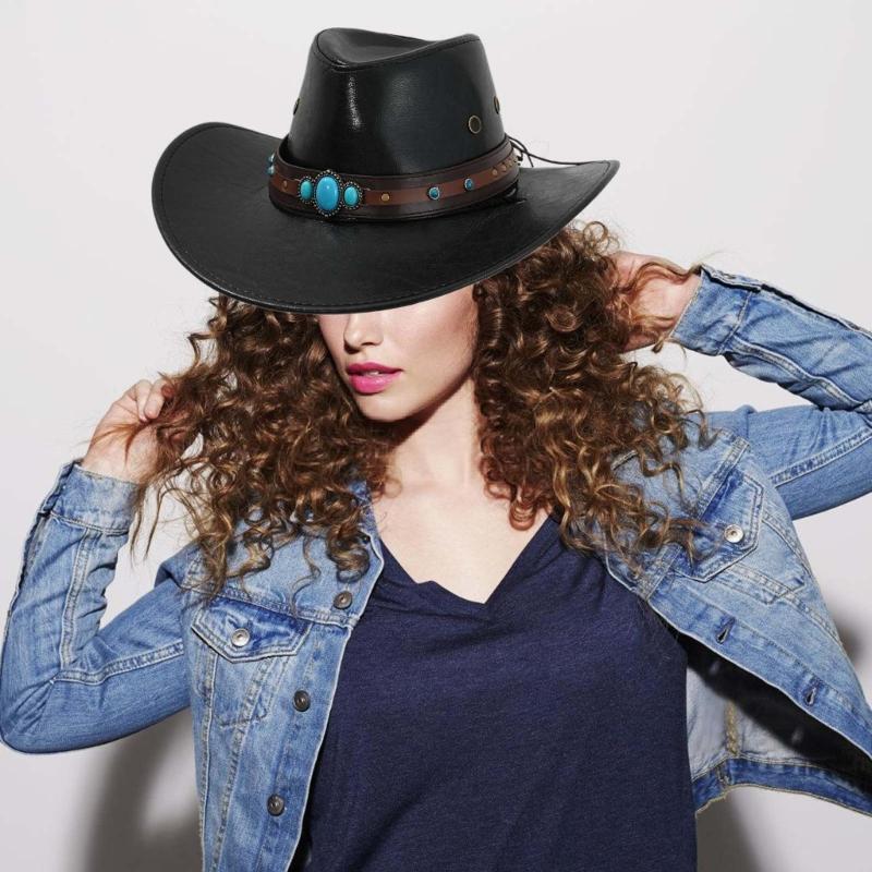 PU Leather Hat Unisex Western Hat Wide Border Hat Sun Protecting Hats Hiking for Western Themed Celebrations