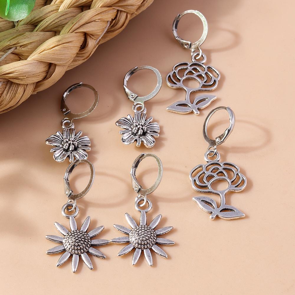 3paris/set Vintage Alloy Flower Dangle Earrings Sunflower Rose Earrings for Women Girls Party Holiday Jewelry Gifts