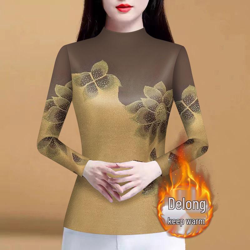 Mom's Autumn/Spring Long Sleeve Semi-High Neck Fleece Lined Shirt - High-End Print Tummy Covering T-Shirt Top