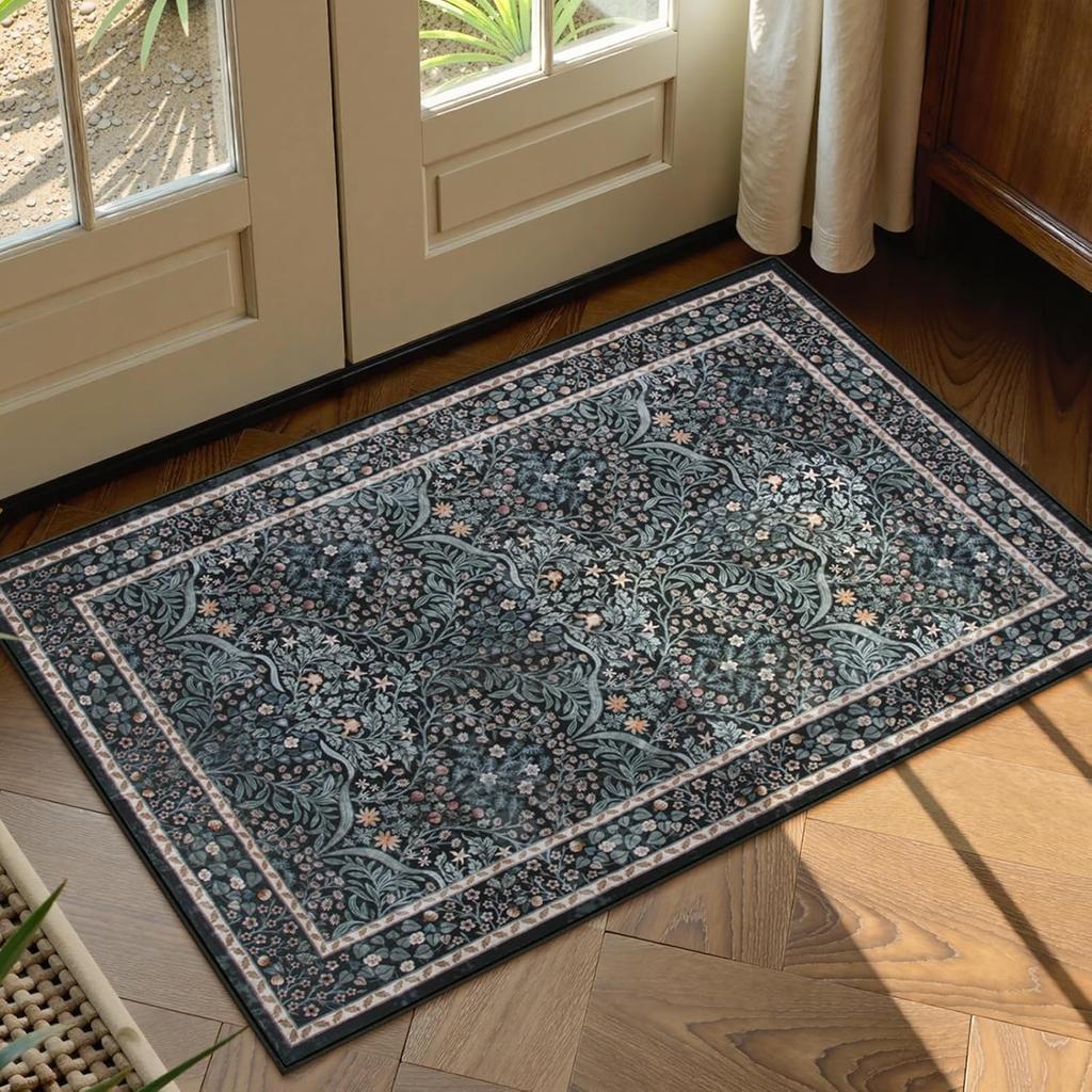 Crystal Velvet Carpet Floral Dark Green Area Rugs , Soft Washable Rugs for Living Room Bedroom, Boho Non Slip Low Pile