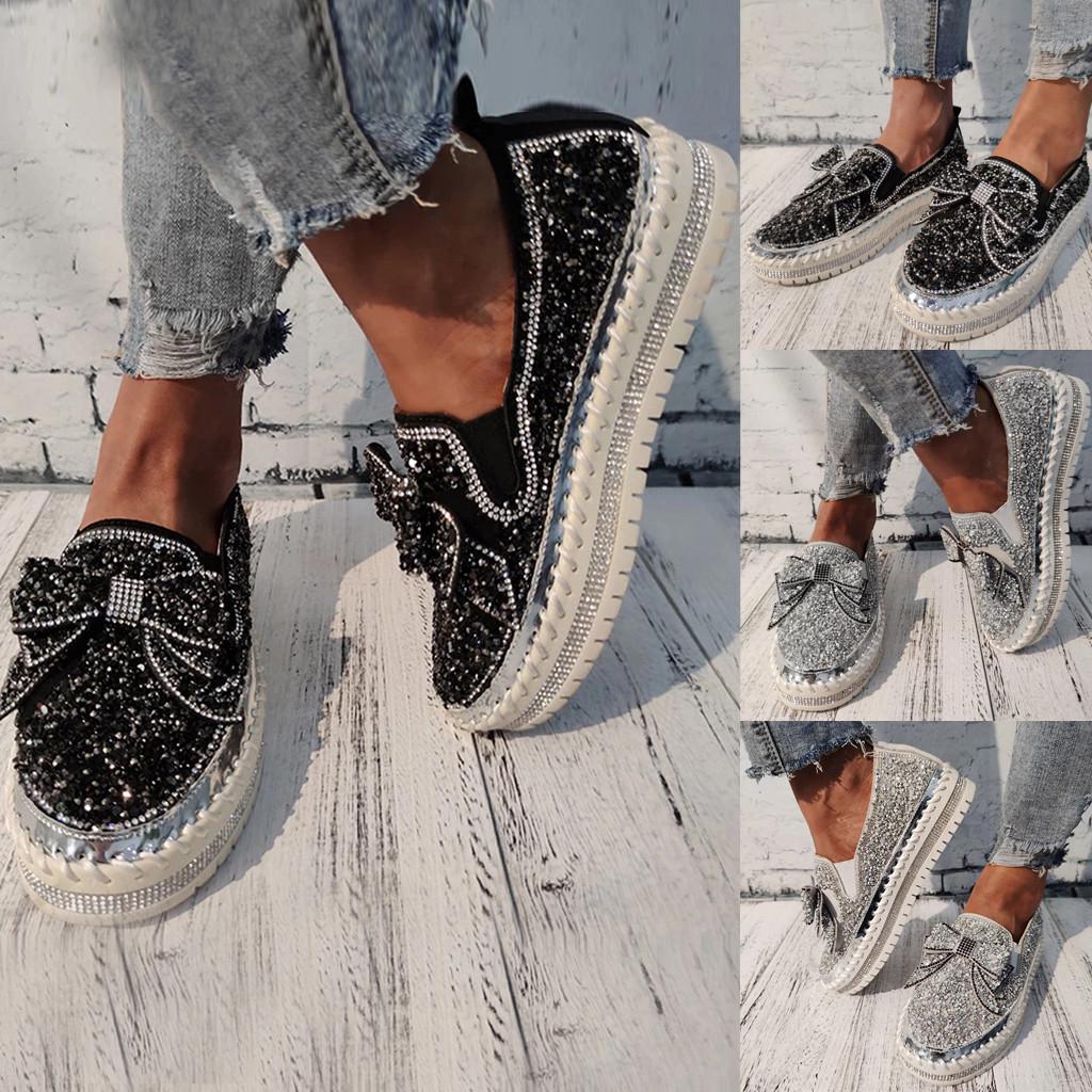 

Женская повседневная обувь, слипоны, лоферы на плоской подошве со стразами и бантом, тапочки