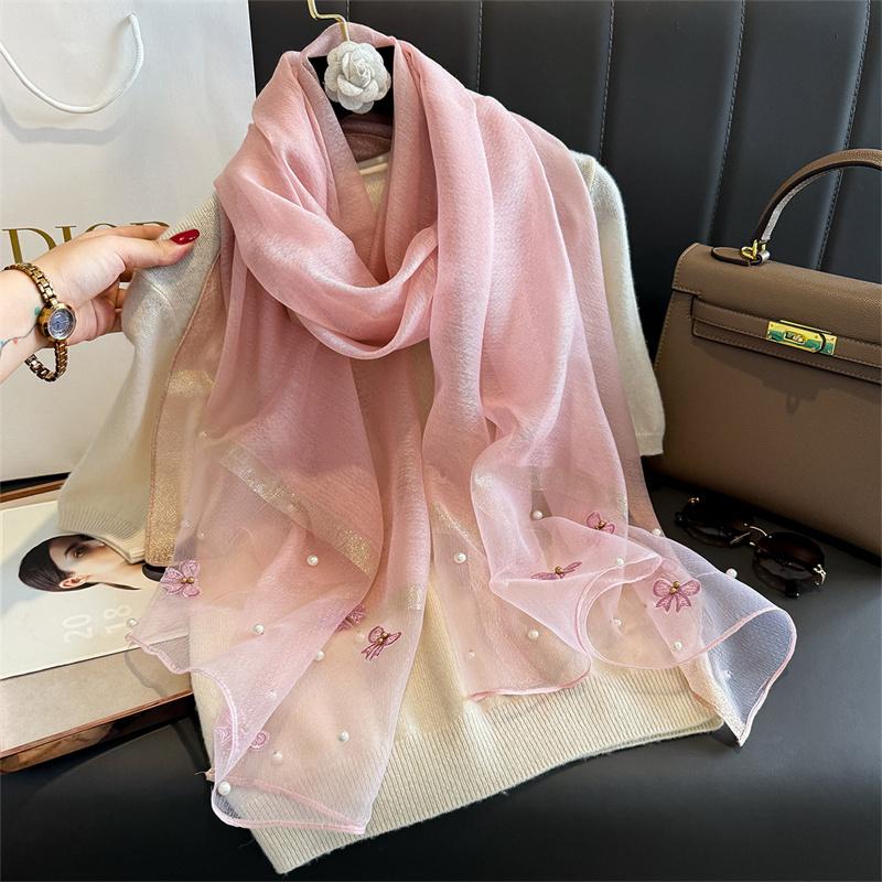 Floral Embroidery Silk Wool Scarf Luxury Women Hijab Female Foulard Pashmina Long Beach Stoles Shawl Wrap Scarves Bandana