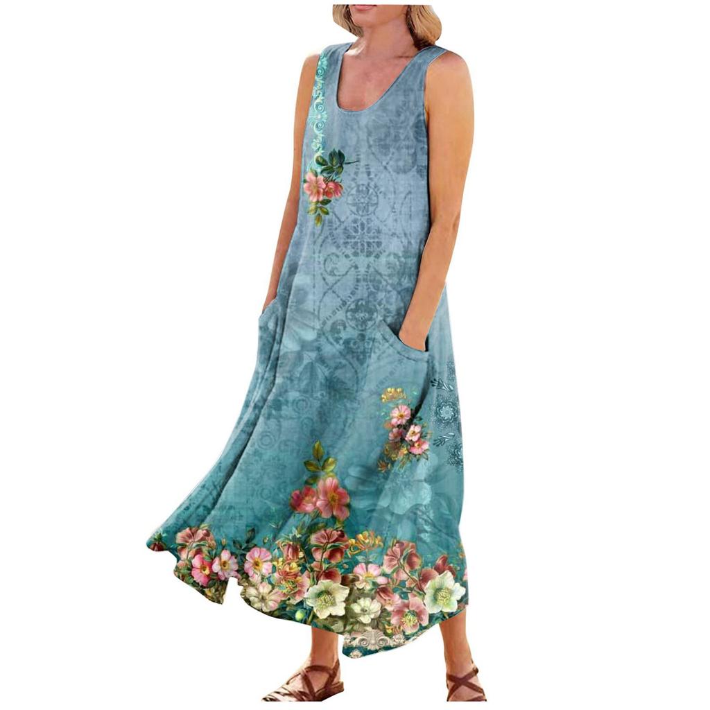 Damen Sommerkleid, lässig, modisch, bedruckt, ärmellos, Rundhalsausschnitt, Taschenkleid