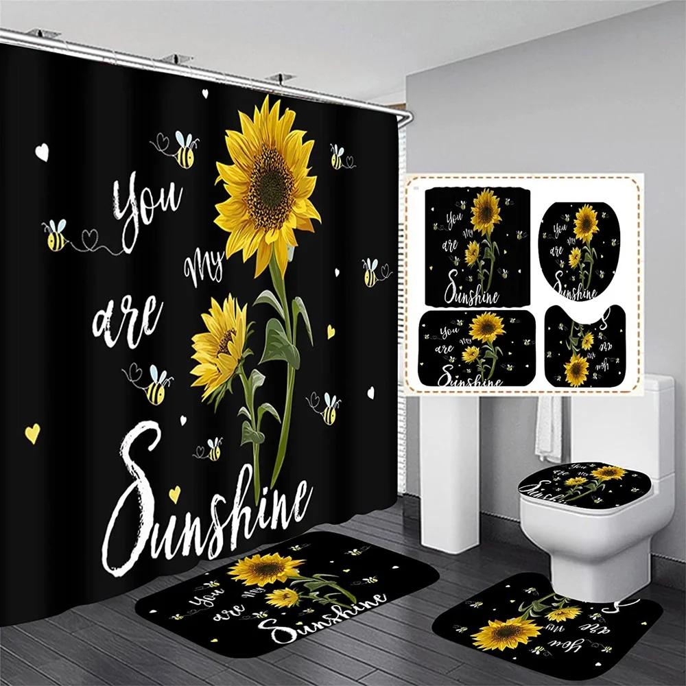 Magic Sunflower Butterfly Shower Curtain Sets Black Yellow Art Country Flower Bathroom Decor Curtains Bath Mats Rug Toilet Cover