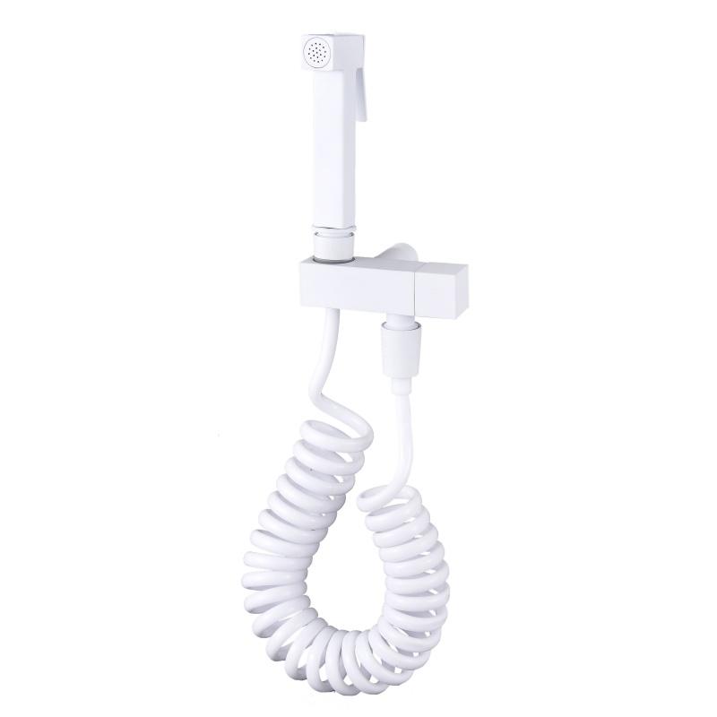 Single Square Side Knob Bidet Set Angle Valve Muslim Shattaf Bidet Sprayer Bathroom Sprayer wall mounted Bidet Set (White,Brass)