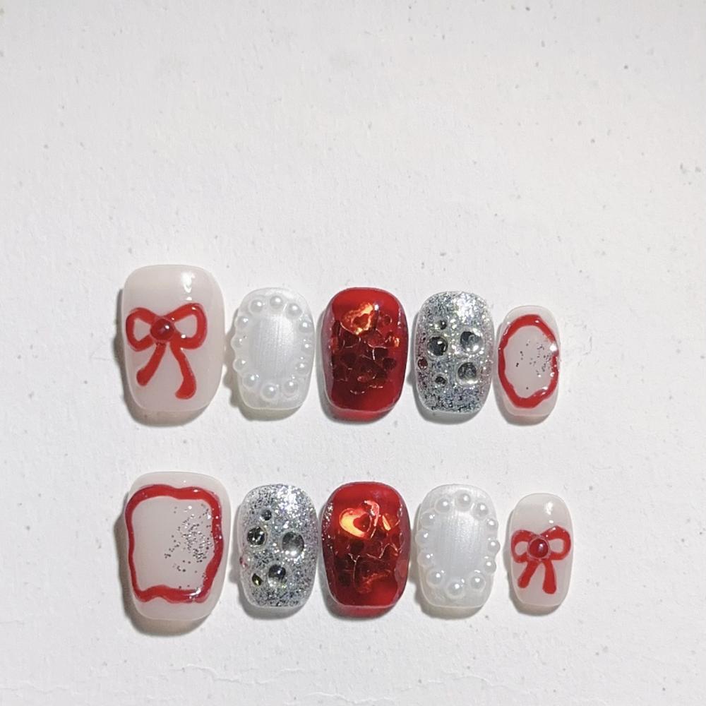 Handmade Cat Eye Short Square Oval Press On Nails With Bowknot Pearl Diamond Flower Star Decor Detachable Full Cover
