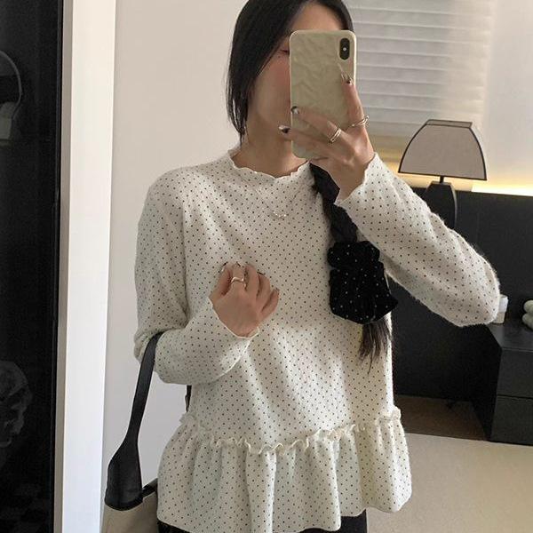 Autumn Winter Korean Style Polka Dot Turtleneck Long Sleeve Women's Slimming Base Layer Shirt