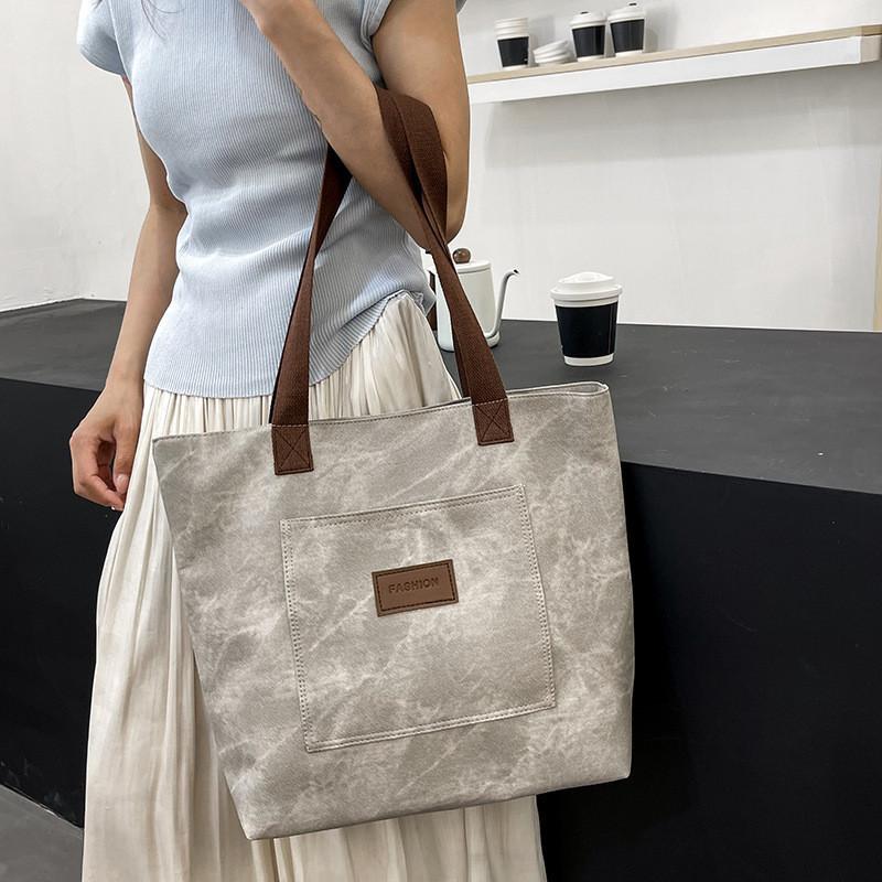 Large Capacity Canvas Tote Bag For Women With Stylish Streetwear Design In Gray Brown And Blue