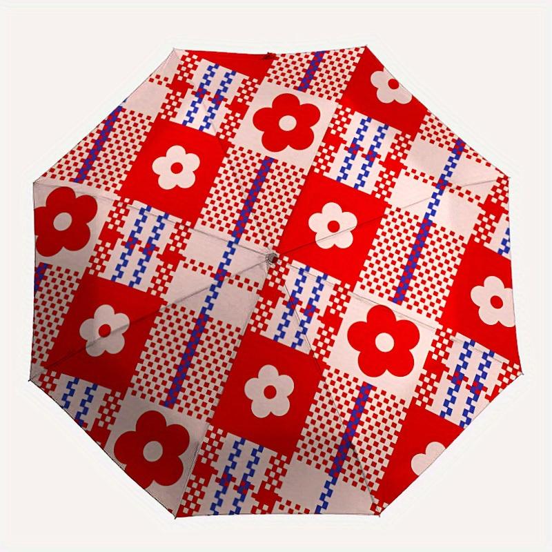 1pc Floral Checkered Automatic Folding Umbrella, 8-Rib Sturdy Canopy, Portable Travel Umbrella for Outdoor Use