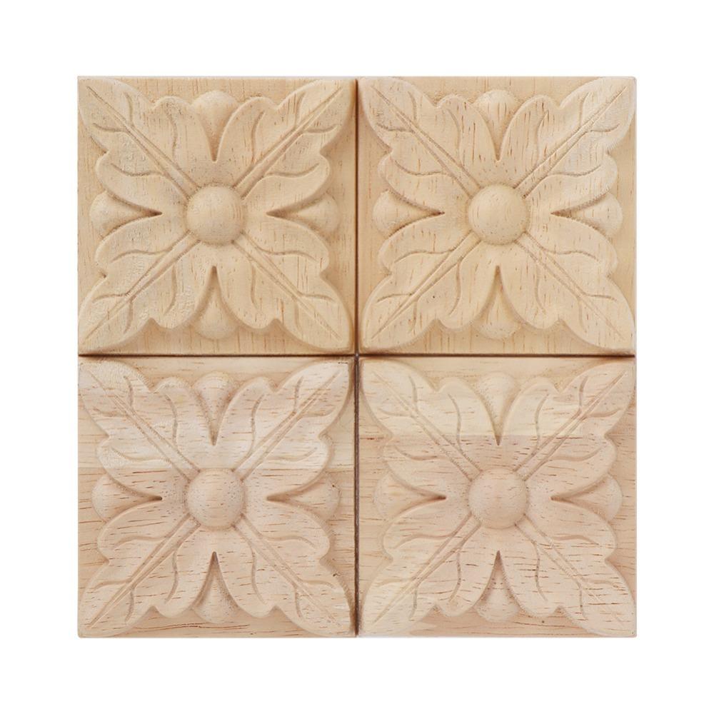 

4pcs Rubber Wood Rubber Wood Carving Square 2.4x2.4 Inch Embossed Wood Onlay light brown 3D Stereo Effect Antique Wood Applique